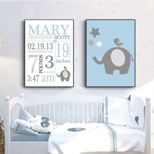 Cute Personalized Nordic Nursery Wall Art Blue White Pictures For Baby's Room Decor