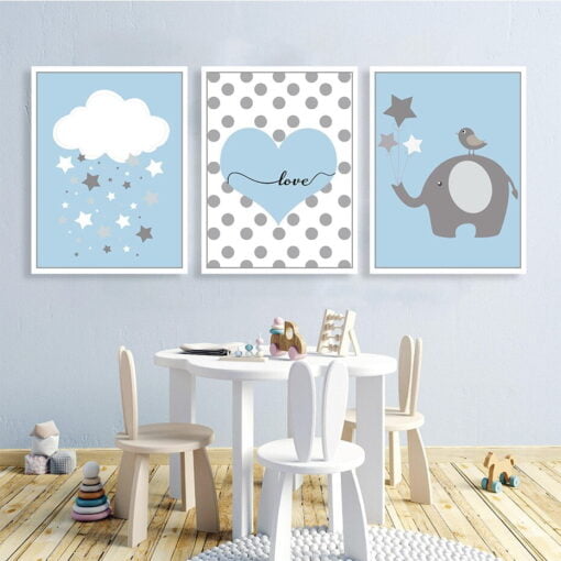 Cute Personalized Nordic Nursery Wall Art Blue White Pictures For Baby's Room Decor