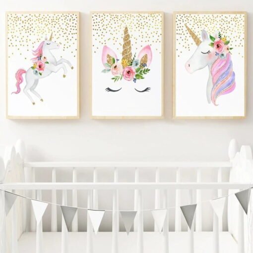 Cute Pink Golden Unicorn Pictures For Girl's Bedroom Nordic Style Nursery Wall Art Decor