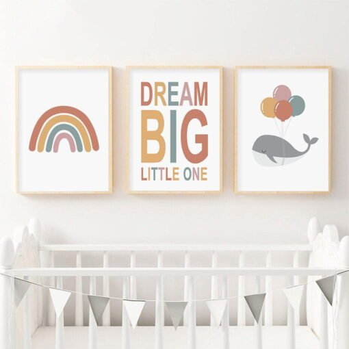 Dream Big Balloon Rainbow Nursery Wall Art Modern Pictures For Kids Room Nursery Decor