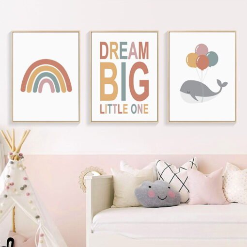 Dream Big Balloon Rainbow Nursery Wall Art Modern Pictures For Kids Room Nursery Decor