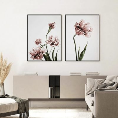Elegant Pink Green Floral Wall Art Minimalist Botanical Pictures For Luxury Living Room Art Decor