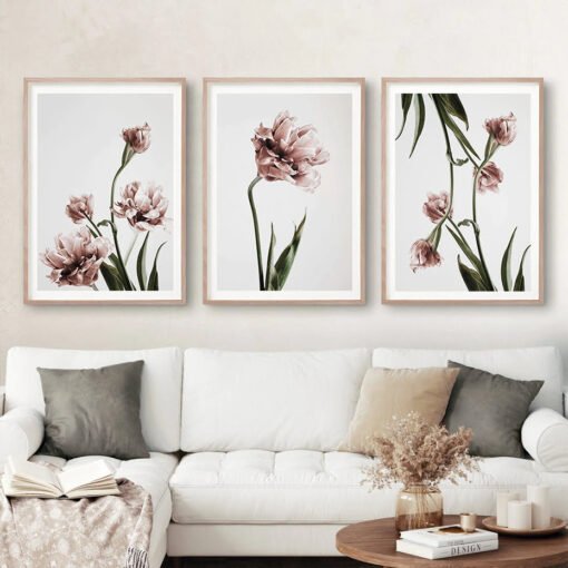 Elegant Pink Green Floral Wall Art Minimalist Botanical Pictures For Luxury Living Room Art Decor