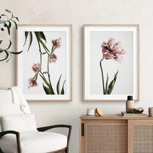 Elegant Pink Green Floral Wall Art Minimalist Botanical Pictures For Luxury Living Room Art Decor