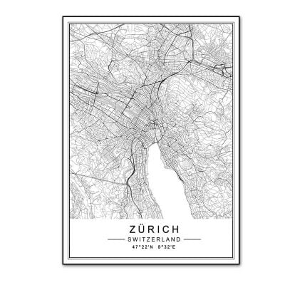 European City Map Wall Art Black & White Minimalist Nordic Posters For Home Office Decor