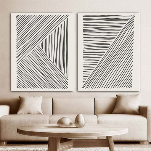 Geometric Sketched Lines Abstract Black White Wall Art For Minimalist Living Room Home Decor