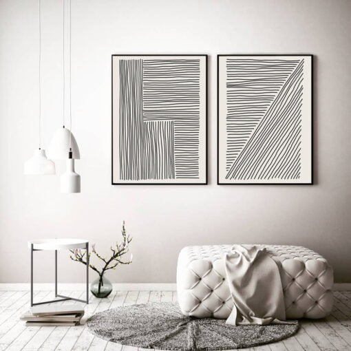 Geometric Sketched Lines Abstract Black White Wall Art For Minimalist Living Room Home Decor