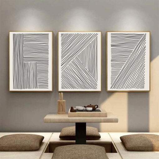 Geometric Sketched Lines Abstract Black White Wall Art For Minimalist Living Room Home Decor