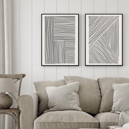 Geometric Sketched Lines Abstract Black White Wall Art For Minimalist Living Room Home Decor