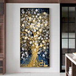 Golden Deer Blossom Tree Auspicious Modern Abstract Wall Art For Entrance Hallway