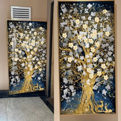 Golden Deer Blossom Tree Auspicious Modern Abstract Wall Art For Entrance Hallway