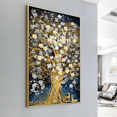 Golden Deer Blossom Tree Auspicious Modern Abstract Wall Art For Entrance Hallway