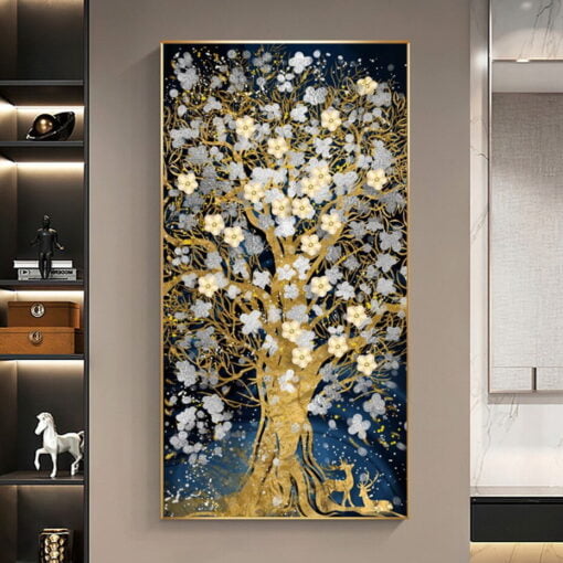 Golden Deer Blossom Tree Auspicious Modern Abstract Wall Art For Entrance Hallway