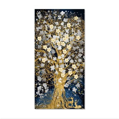 Golden Deer Blossom Tree Auspicious Modern Abstract Wall Art For Entrance Hallway