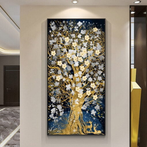 Golden Deer Blossom Tree Auspicious Modern Abstract Wall Art For Entrance Hallway