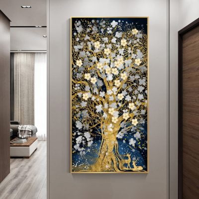 Golden Deer Blossom Tree Auspicious Modern Abstract Wall Art For Entrance Hallway