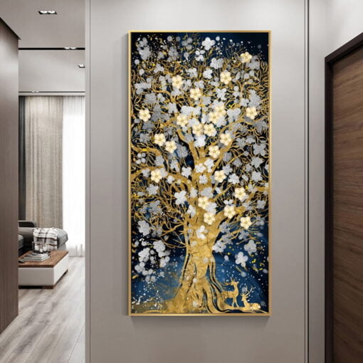 Golden Deer Blossom Tree Auspicious Modern Abstract Wall Art For Entrance Hallway