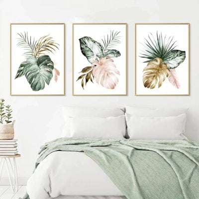 Green Leaves Golden Floral Tropical Botanical Wall Art Pictures For Modern Living Room