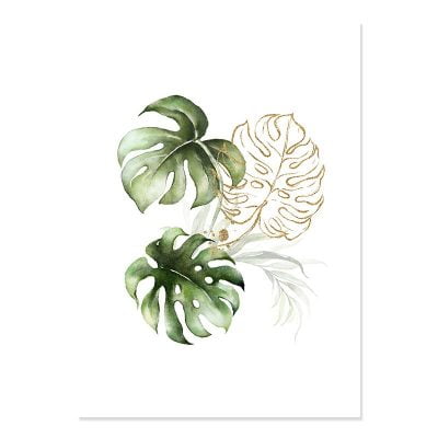 Green Leaves Golden Floral Tropical Botanical Wall Art Pictures For Modern Living Room