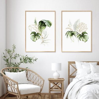 Green Leaves Golden Floral Tropical Botanical Wall Art Pictures For Modern Living Room