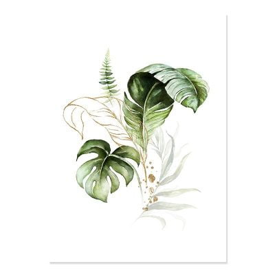 Green Leaves Golden Floral Tropical Botanical Wall Art Pictures For Modern Living Room