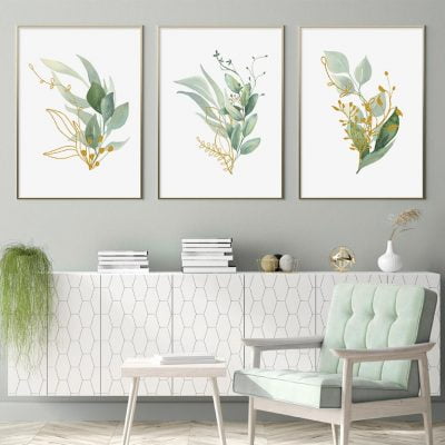 Green Leaves Golden Floral Tropical Botanical Wall Art Pictures For Modern Living Room