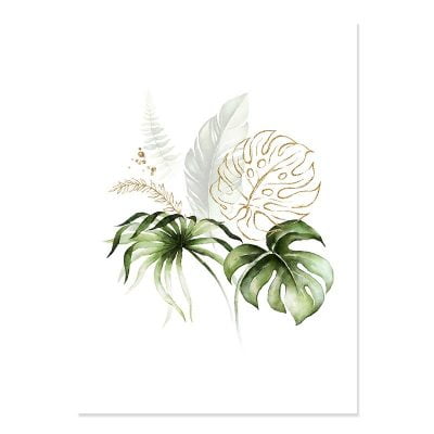 Green Leaves Golden Floral Tropical Botanical Wall Art Pictures For Modern Living Room