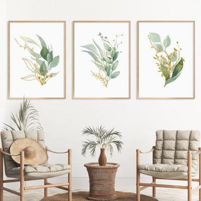 Green Leaves Golden Floral Tropical Botanical Wall Art Pictures For Modern Living Room