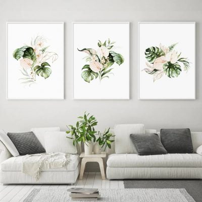 Green Leaves Golden Floral Tropical Botanical Wall Art Pictures For Modern Living Room