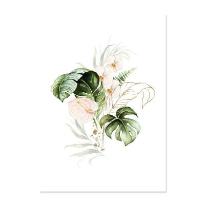 Green Leaves Golden Floral Tropical Botanical Wall Art Pictures For Modern Living Room