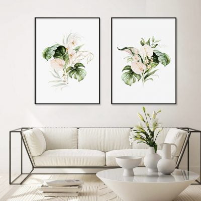 Green Leaves Golden Floral Tropical Botanical Wall Art Pictures For Modern Living Room