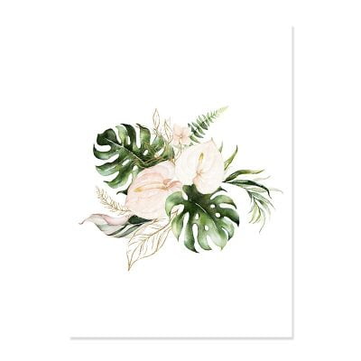 Green Leaves Golden Floral Tropical Botanical Wall Art Pictures For Modern Living Room