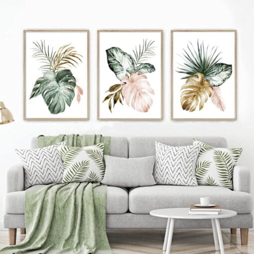 Green Leaves Golden Floral Tropical Botanical Wall Art Pictures For Modern Living Room