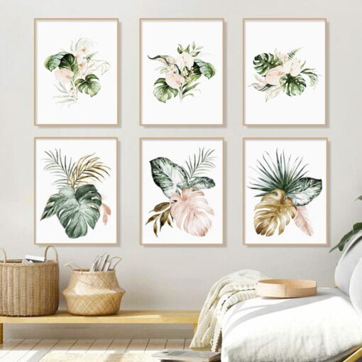 Green Leaves Golden Floral Tropical Botanical Wall Art Pictures For Modern Living Room