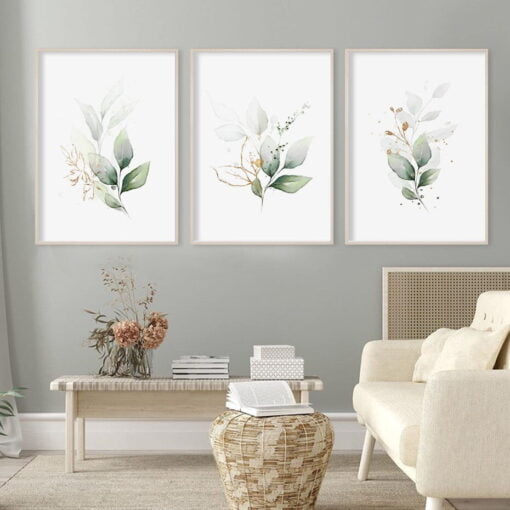 Green Leaves Golden Floral Tropical Botanical Wall Art Pictures For Modern Living Room