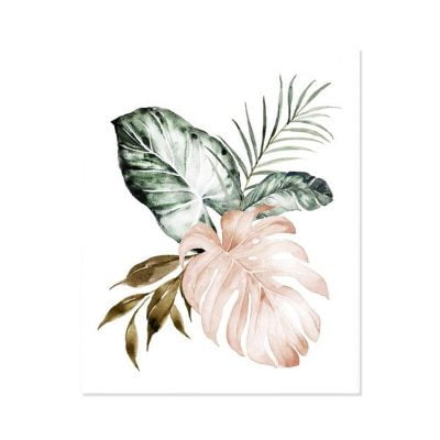 Green Leaves Golden Floral Tropical Botanical Wall Art Pictures For Modern Living Room