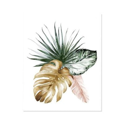 Green Leaves Golden Floral Tropical Botanical Wall Art Pictures For Modern Living Room