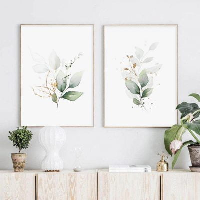 Green Leaves Golden Floral Tropical Botanical Wall Art Pictures For Modern Living Room