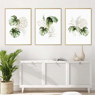 Green Leaves Golden Floral Tropical Botanical Wall Art Pictures For Modern Living Room