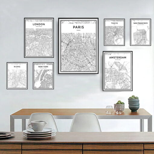 London Paris New York City Maps Wall Art Black White Fashionable Pictures For Home Office