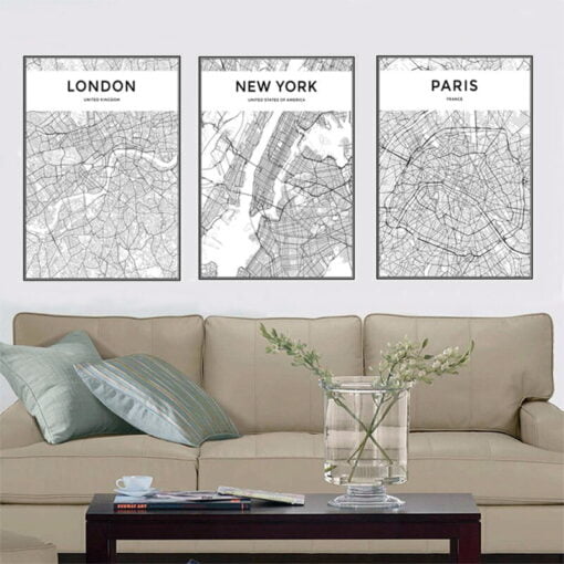 London Paris New York City Maps Wall Art Black White Fashionable Pictures For Home Office