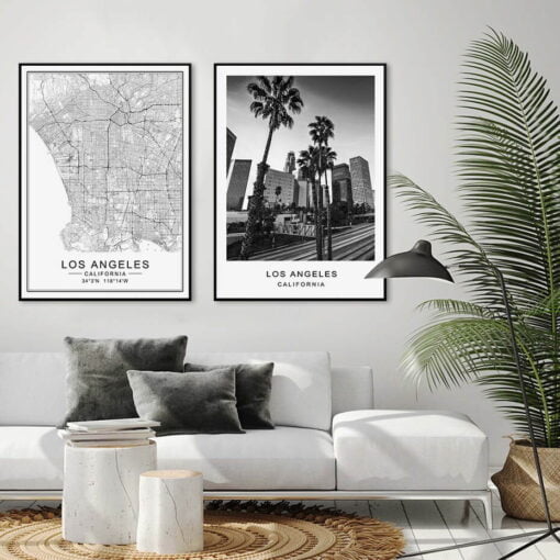 Los Angeles City Map Wall Art Black White California Posters For Living Room Home Office Decor
