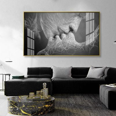 Lovers Kiss Abstract Black & White Wall Art Picture For Modern Apartment Bedroom Decor