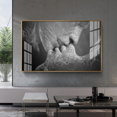 Lovers Kiss Abstract Black & White Wall Art Picture For Modern Apartment Bedroom Decor