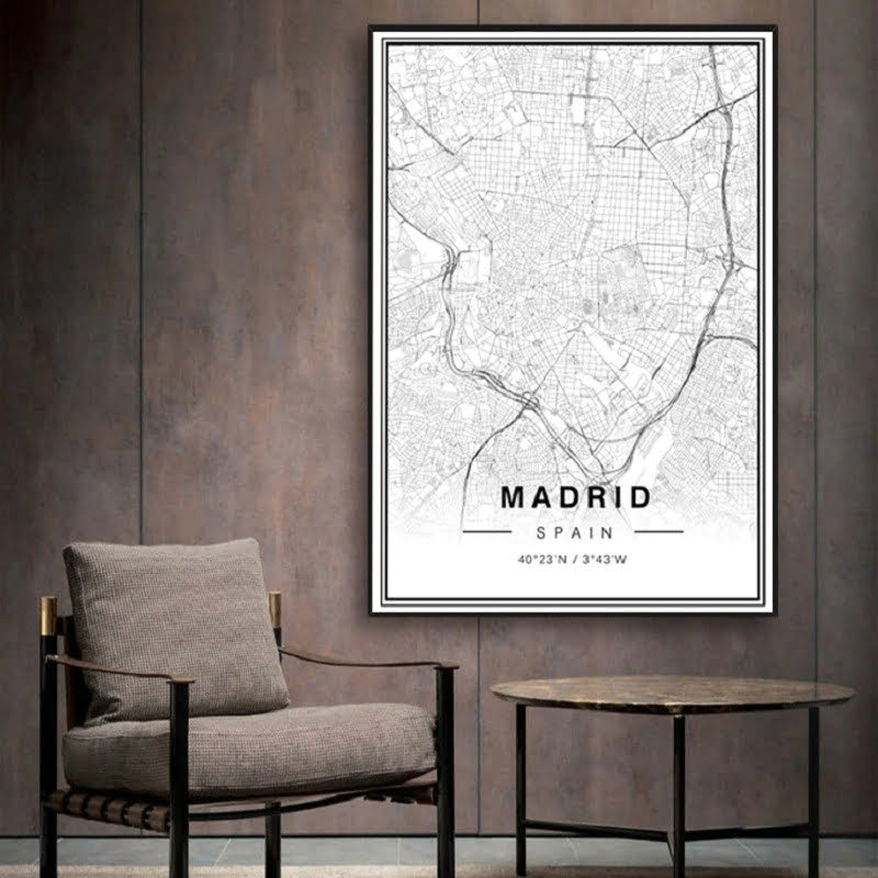 Madrid City Map Wall Art Barcelona Spain Black White Minimalist Pictures For Home Office