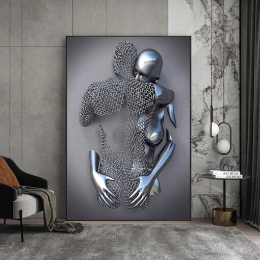 Metallic 3d Effect Cyborg Lovers Wall Art For Modern Loft Apartment Bedroom Wall Decor