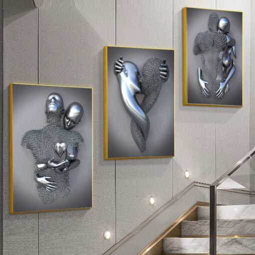 Metallic 3d Effect Cyborg Lovers Wall Art For Modern Loft Apartment Bedroom Wall Decor