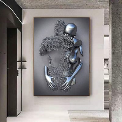 Metallic 3d Effect Cyborg Lovers Wall Art For Modern Loft Apartment Bedroom Wall Decor