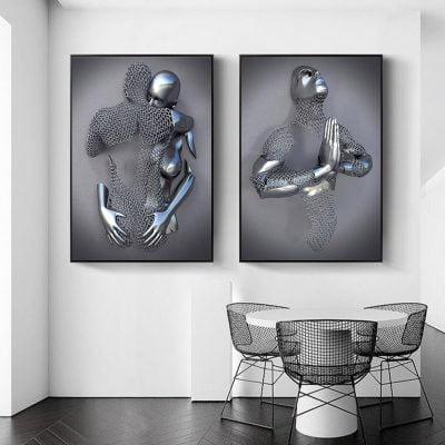 Metallic 3d Effect Cyborg Lovers Wall Art For Modern Loft Apartment Bedroom Wall Decor