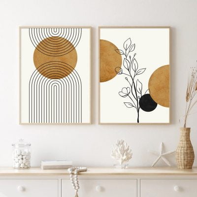 Mid Century Style Abstract Wall Art Sun Leaves Pictures For Bohemian Living Room